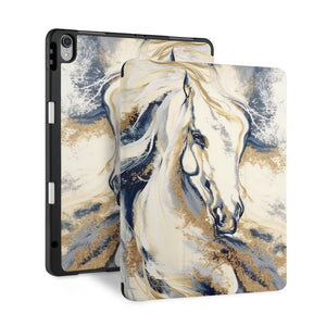 front and back view of personalized iPad case with pencil holder and Horses design