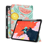 front back and stand view of personalized iPad case with pencil holder and Tropical Fruits design - swap