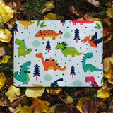 flat view of personalized RFID blocking passport travel wallet with Dinosaur design